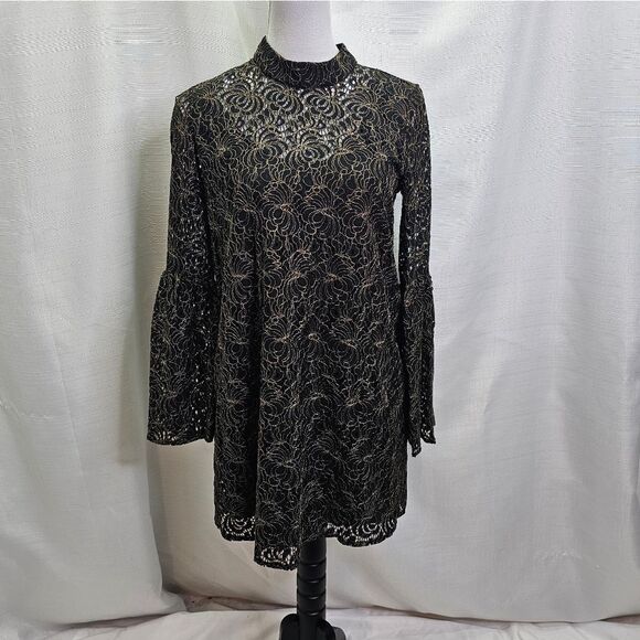 BCBGeneration Black and Gold Lace Bell Sleeve Mini Dress Size XS - Picture 1 of 12